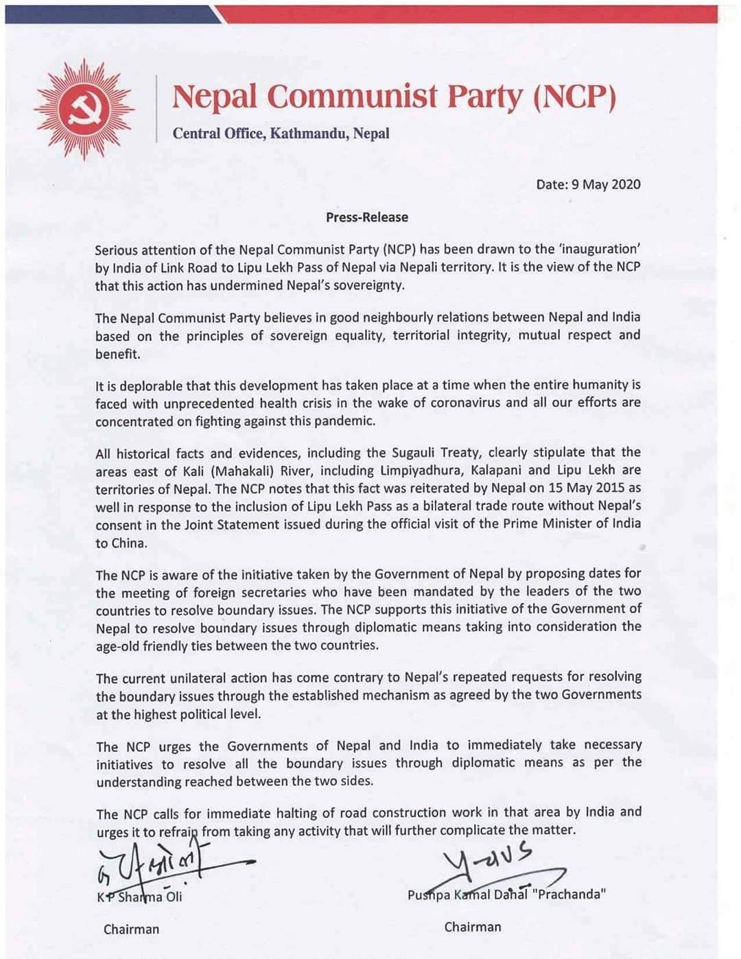 लिपुलेकमा भारतीय सडकको विरोधमा ओली-प्रचण्डको संयुक्त वक्तव्य