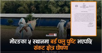 <span class='c1'>मोरङका ५ स्थानमा बर्ड फ्लु</span> <span class='c2'>देखिएपछि संकटग्रस्त क्षेत्र घोषणा</span>