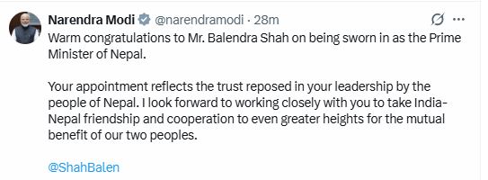 <span class='c1'>बालेनलाई बधाई दिँदै नरेन्द्र मोदीले भने</span> <span class='c2'>: नजिकबाट सहकार्य गर्न उत्सुक छु</span>