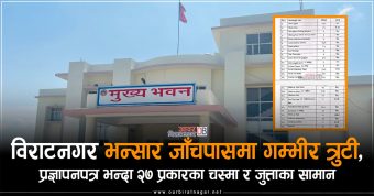 <span class='c1'>विराटनगर भन्सार जाँचपासमा गम्भीर त्रुटी, प्रज्ञापनपत्र</span> <span class='c2'>बाहेक चस्मा र जुत्ताका सामान</span>